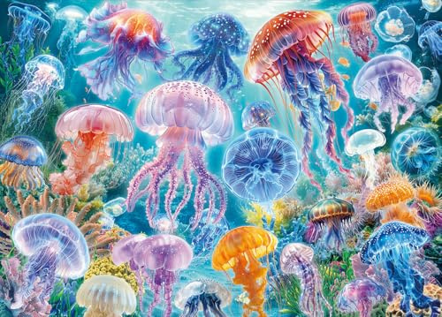 Jellyfish Jigsaw Puzzles for Adults 1000 Jigsaws | Large Poster Included, Back Letters Hints/A-D Sections, Dust-Free, Finished Size 70×50cm, Family Indoor Activity