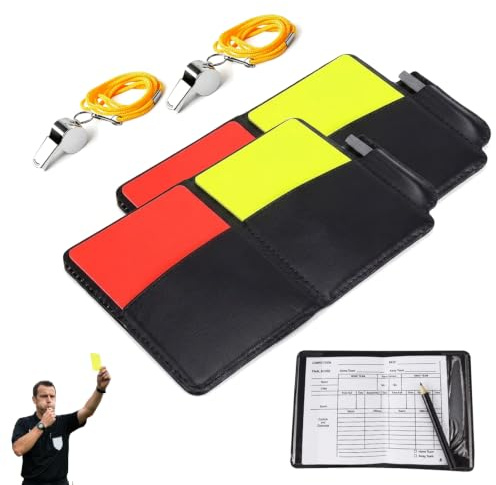 Horktrust Cartone Arbitro Set con 2 fischietti in Metallo e 2 Set Cartoni Rosso/Giallo Kit Arbitro Calcio per Partite di Pallacanestro Cartone Arbitro Kit per Calcio Pallacanestro Scuole Sport Gioco