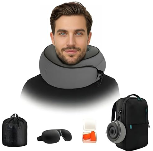 Nackenkissen Flugzeug, Reisekissen Memory Foam – 360°Nackenstütze,Nackenkissen Reise Kompakt & Platzsparend & Easy Tragen Haken –Travel Pillow für Reise, Auto,Büro – Inkl. Schlafmaske & Ohrstöpsel