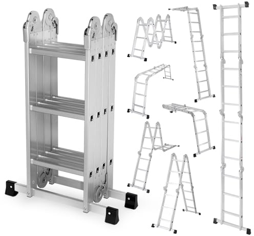 NEWBULIG 7-in-1 Multi-Purpose Adjustable Folding Ladder, Aluminum Heavy Duty Collapsible Tall Extension Step Ladder for Home Roof RV Work