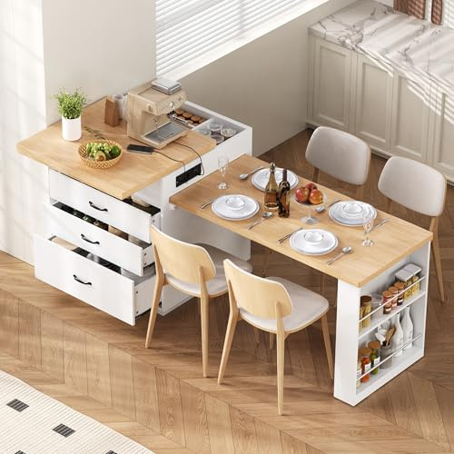 Kebnor Kücheninsel mit Rollen, Ausziehbarer Esstisch mit LED-Beleuchtung, Küchentisch mit Steckdosenleisten, dient als Kücheninsel, Anrichte, Sideboard oder Bartisch für Küche und Esszimmer (Weiß)