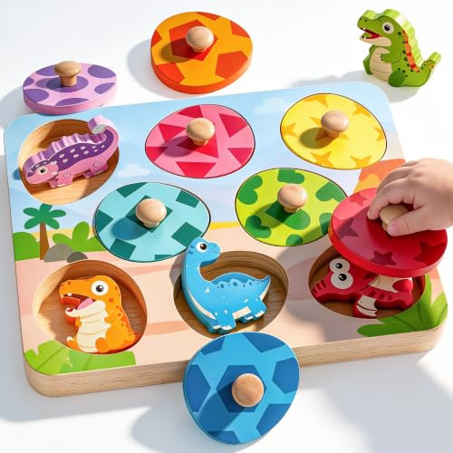 Montessori Spielzeug ab 1 Jahr, Holzpuzzle Steckpuzzle Geschenk für Jungen | Dinosaurier-Eier Holz Greifpuzzle Sortierspiel | Motorik- & Lernspielzeug ab 12-18 Monate | Geburtstagsgeschenk für Kinder