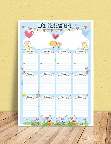 Meilensteinposter für Zwillinge - Poster zum Eintragen und personalisieren für das Kinder- & Babyzimmer für den 1. bis zum 12. Monat im Format DIN A2 - UNISEX