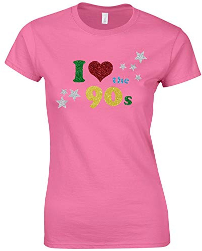 UKPrintwear I Love the 90s Glitter Ladies T-Shirt (Azalea, Large)