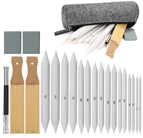 AGPTEK 22 pcs Mischen Papierwischer Set, 16 Blending Stumps Set/Tortillionen Set/Estompen Set mit 2 Schleifpapier-Schärfpads, 1 Stift-Verlängerungswerkzeug, 2 Knetgummi Radiergummis & 1 Filztasche