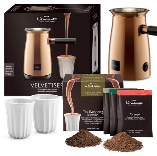 Hotel Chocolat Velvetiser - In-Home Hot Chocolate Machine - Barista-Grade Hot Chocolate Maker - Copper Edition - Complete Starter Kit - 2 Ceramic Podcups & 10 Single-Serve Sachets