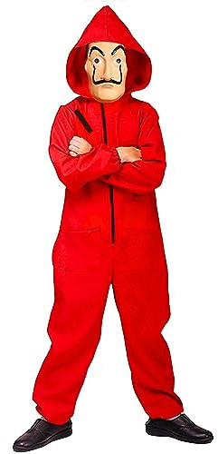 Full pengar Heist kostym | Komplett kostymseriesats | Barndräkt med röd huva (6-10 år / 140 cm) + officiell Dali-mask | Fest | Tjuv | Inbrottstjuv | OriginalCup®
