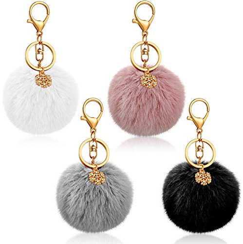 Yaomiao 4 Stück Pom Pom Schlüsselanhänger Weihnachten Puschel Schlüsselbund Ring Waschbare Pelz Bommel mit Schneeflocke Weihnacht Charm Geschenk für Frauen