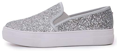 FEVERSOLE Women's Fashion Slip On Sneaker Casual Platform Loafers Glitter Silver Size 7.5 M US