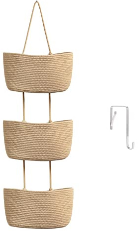 TeoKJ Over the Door Hanging Basket, 3-Tier Woven Cotton Wall-Mounted Storage Organizer Bag Decorative Hanging Nursery Baskets, Jute