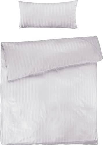 Pure Label Mako Satin Damast Streifen Bettwäsche weiß 135 x 200 cm mit Kissenbezug 40 x 80 cm aus 100% Baumwolle | Traumhaft weiches Mako Satin Bettwäsche Set in Uni