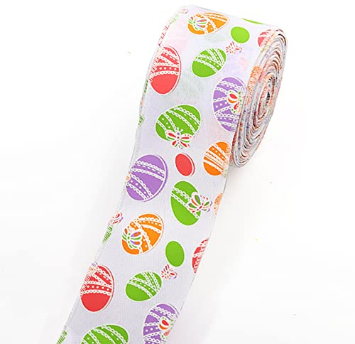 Easter Fabric Ribbons 10 Yards, Easter Egg Pattern White Background Printed Burlap Edge Wired Ribbon for Easter Gift Wrapping Home Party Decoration Tree Crafts Supplies - 2.5 Inch x 10 Yards x 1 Roll