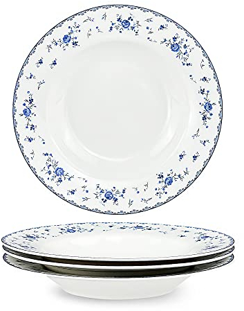 fanquare Juego de 4 Platos Hondos de Porcelana, 21.8cm Platos de Sopa Florales Azul, Cuencos de Pasta Blancos