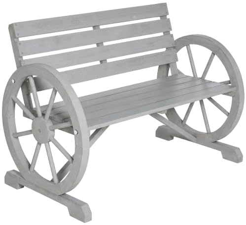Outsunny 2 Seater Garden Bench, Outdoor Armrest Bench with Wooden Cart Wagon Wheel, Patio Rustic High Back Loveseat for Park, Balcony and Porch, Carbon Grey