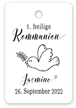 PERSONALISIERT Kommunion Geschenkanhänger ? 1. heilige Kommunion mit süßer Taube/Personalisierte Gastgeschenk Anhänger 40 mm x 60 mm Tüten Papieranhänger Etiketten ? Tag 068 (50)