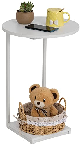 HDANI C-förmiger Beistelltisch Runder Couchtisch Sofatisch Nachttisch Nachttisch Laptoptisch, Metallgestell,Holzplatte,Sofatisch für Wohnzimmer Schlafzimmer Balkon Terrasse,40x40x60cm,Weiß