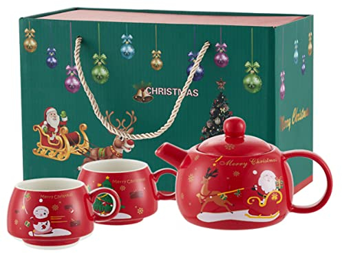 YBK Tech Creative Tea for 2, Ceramic Coffee Pot Teapot and 2 Cups - Christmas Series (Red)