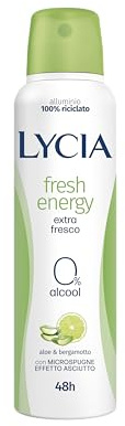 Lycia, Fresh Energy Deodorante Spray con Aloe e Bergamotto, Formula con Microspugne Effetto Asciutto, Pelle Fresca e Asciutta fino a 48H, Senza Alcool, 150 ml
