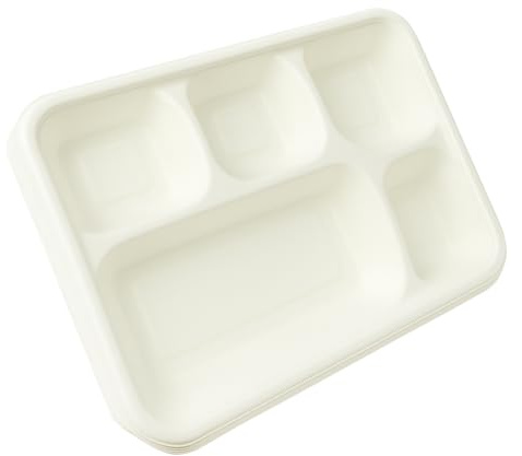 Best House EcoWise 100% Compostable and Biodegradable 5 Compartment Dinner Plates, 5CP Food Tray, Eco-Friendly Sugarcane Paper Trays (Pack of 200 PCS)