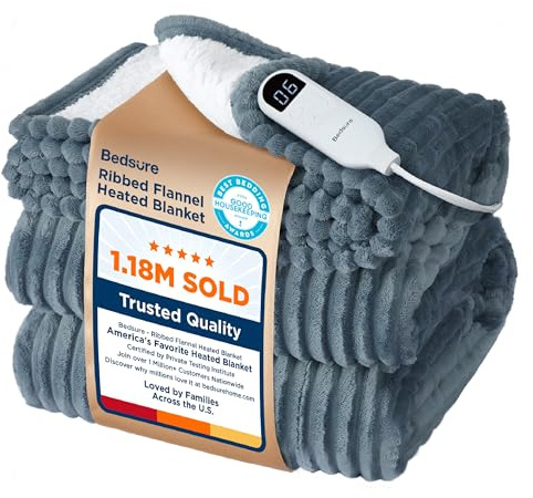 Bedsure GentleSoft Heated Blanket Electric Throw - Soft Ribbed Flannel Electric Blanket, Heating with 4 Time Settings, 6 Heat Levels, 3 hrs Timer Auto Shut Off, Gifts for Grandma (50x60 inches, Grey)