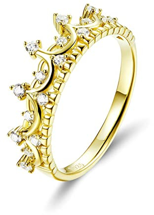Eleganter Kronenring Aus 925er Sterlingsilber Mit CZ-Steinen – Langlebiges Und Stilvolles Design for Frauen, Aufwendige Goldene Kronenfassung, Erhältlich In Den Größen 6–8 (Size : 7)