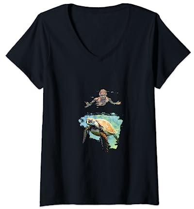 Damen Schnorcheln Tauchen Schnorchel Meeresschildkröte Schnorchel T-Shirt mit V-Ausschnitt