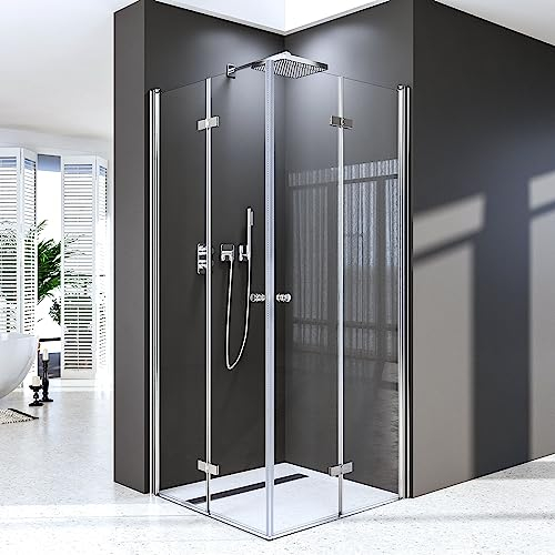 BD-Baode Duschkabine 90x90 cm, Falttür 180º, Duschwand 6 mm NANO-Glas, Silber mit Abgerundeten Griffen, Modern, Quadratisch, Freistehend