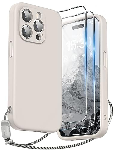 SURPHY Design for iPhone 15 Pro Case, Liquid Silicone Protection for Each Lens [2 x Screen Protectors & 1 x Lanyard] Shockproof Cover for iPhone 15 Pro 6.1 inch 2023, Stone