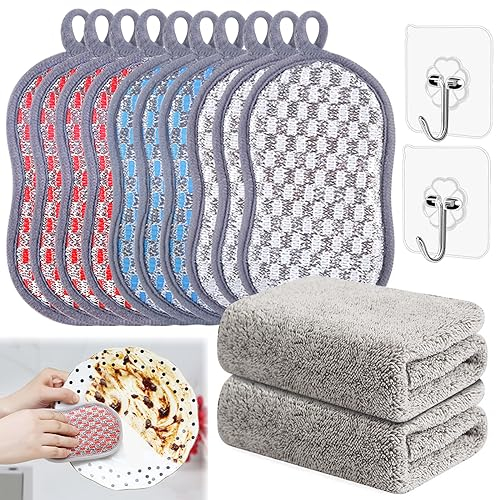 14PCS Reusable Sponge Set with 2 dish washing cloths and 2 hooksDurable Scrub Scouring Sponge,Non-Scratch Microfiber Sponge for Dishes,Pots,Pans