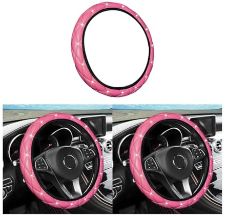 JNNJ Universal Auto Lenkradhülle, Glitzer Universal Auto Lenkradbezug, Lenkradbezug Aus Echtes Leder 37-38cm, Strass Leder Lenkradabdeckung Autoinnenraum(Rosa)