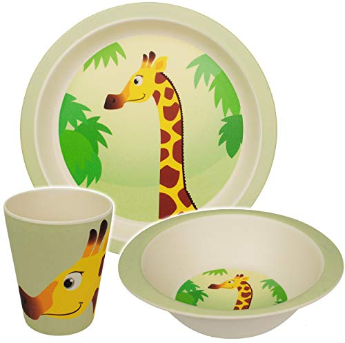 alles-meine.de GmbH 3 TLG. Set - Kunststoff - Geschirrset - Giraffe/Zoo Tiere - BPA frei - Kunststoffgeschirr - Trinktasse + Teller + Müslischale - Spülmaschinenfest - Kinderge..