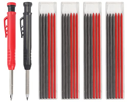 2 Stück Tischler Bleistift Set, Mechanische Zimmermannsbleistifte Set, Tieflochmarker Bleistift mit 24 Bleistiftminen, Baustellen Stift Solide Zimmermannsbleistifte für Baustelle Winkel Speedmarker