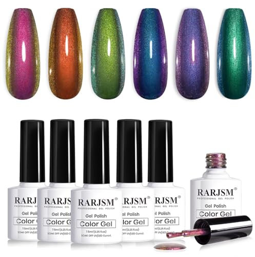 RARJSM Chameleon Gel Nail Polish 6pcs Set Multichrome Gradient Color Changing Orange Green Dark Blue Purple 7.5ml Shimmer Glitter Gel Polish Curing Requires Soak Off Sparkle Chrome Nail Gel Varnish