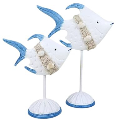 2 Pieces Creative Wooden Fish Ornaments Mediterranean Style Bathroom Animal Ornaments Beach Accessories Nautical Bathroom Accessories (Blue)