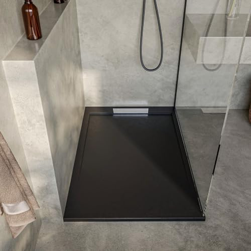 SoulHome Plato de Ducha Resina NEGRO 170x90 Diseño Elegante | Antideslizante C3, Extraplano, Resina y carga mineral, Textura Liso Piedra, Antibacteriano, Gel-coat, Incluye válvula desagüe