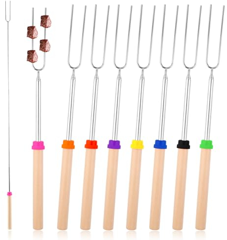 PBUSPU 8 Pcs Spiedini in Acciaio Inossidabile per Griglie, Spiedini Barbecue Telescopici con Manico in Legno, Forchette per Barbecue in Acciaio Inossidabile, per Marshmallow, Hot Dog