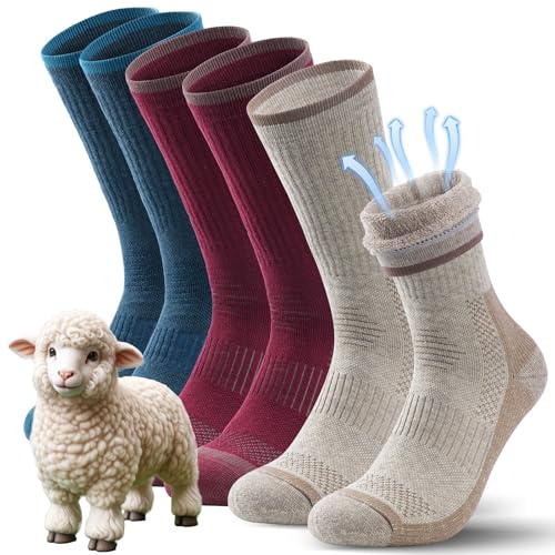 TANSTC Merino Wool Thermal Socks for Men & Women Warm Winter Thick Socks Breathable Hiking Walking Socks Cushioned Moisture Wicking Boot Socks for Outdoor 3 Pairs,Multi-Coloured,L