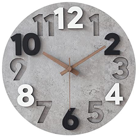 Stellarize Wall Clock Silent & Non Ticking 3D Modern Wooden 12 Inch Battery Operated Kitchen Bedroom Living Room Bathroom Decorative Clock Grey