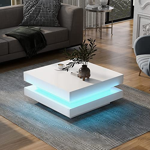 Merax Couchtisch Wohnzimmertisch Weiß Hochglanz, quadratischer Sofatisch mit LED Beleuchtung, Moderner Kaffeetisch Coffee Table für Wohnzimmer Büro Empfang, Bluetooth-Steuerung, 70x70x36cm
