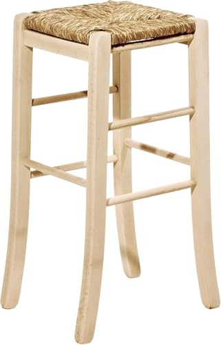 SEDIA SGABELLO IN LEGNO GREZZO ALTEZZA 67 CM DA VERNICIARE CON SEDUTA IN PAGLIA QUADRATO BUONOCORE