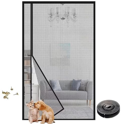 Magnetische Fliegengittertür Schwarz 90x200cm(W*H),Robuster Insektenschutzvorhang mit starken Magneten - Schließt automatisch - Hält Insekten fern und lässt frische Luft herein
