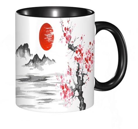 HRRASFAZF Tasse à Café | Tasse Céramique Fine | Cadeau Original | 330ml | Mug avec Anse | Cadeau Original pour Homme et Femme | Montagne de peinture traditionnelle japonaise Sun Sakura Lake du Japon