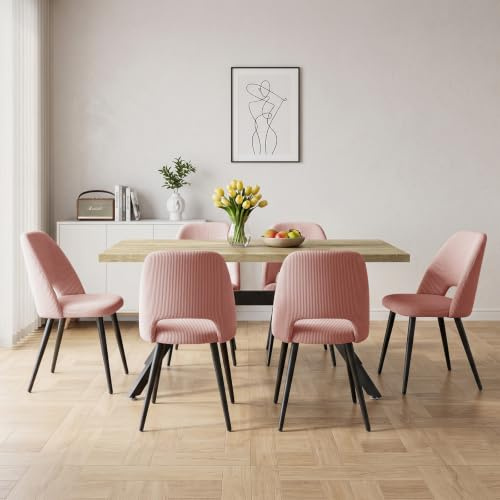 ANVOFONG Essgruppen in helles Holz,Esstisch mit 6 Rosa-Stuhl | Esstisch in 140 x 80 x 76 cm mit 4 Ergonomischer Design aus Cord Esszimmerstühle, für Esszimmer, Küche, Wohnzimmer