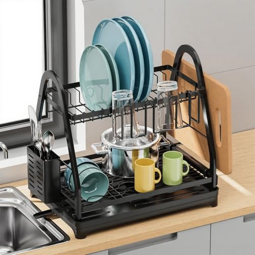 GOENDR 2 Tier Dish Drainer Rack with Drip Tray, Large Capacity Draining Board Rack with Utensil Holder, Dish Drying Rack for Kitchen Sink Counter, 42Lx30Dx38.5H(cm), Black