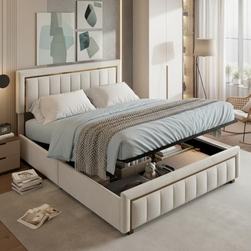 Bettkastenbett 160x200 cm,Polsterbett Doppelbett,gepolstertes Bett mit hydraulischem System und Truhe, Doppelbett mit Stauraum,Funktionsbett mit Kopfteil und Lattenrost (schmutziges Weiß+Flanell A)