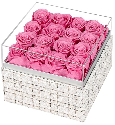 16 Rosas Preservadas Eternas Rosadas en Caja Acrílica, Flores Regalo para Mujer, Regalo para Día de San Valentín, Aniversario y Cumpleaños, Novia, Esposa, Madre, Mejor Amiga
