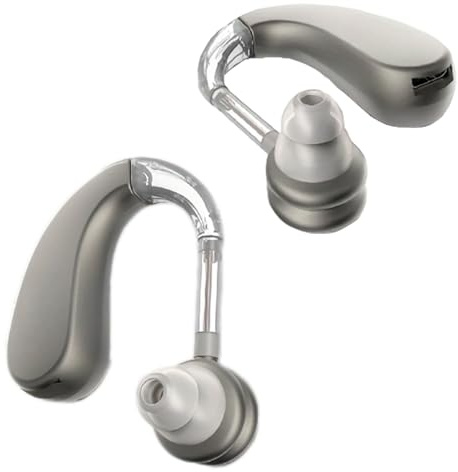 Wiederaufladbar, extrem lange Akkulaufzeit, hohe Soundqualität mit Rauschunterdrückung, freie Drehregler-Bedienung, silber (Paar) – Leicht & komfortabel für Senioren