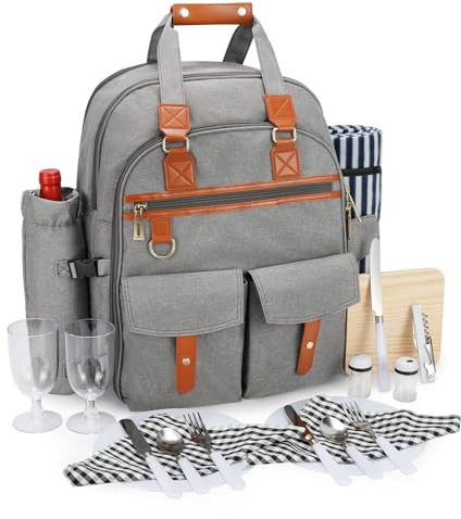 Picnic Backpack Bag for 4 Person with Cooler Compartment and Wine Holder,Fleece Blanket,Cutlery Set,for Camping,Beach,Day Travel,Hiking,BBQ and Family/Couples Gifts,Accessories,Supplies(Light Gray)