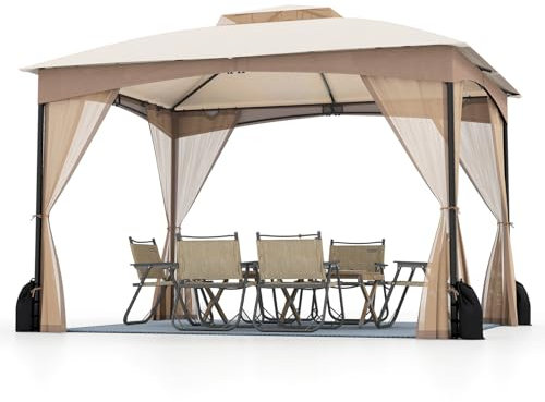 COSTWAY Carpa Plegable 3,65x3m, Pop up, Pergola de Jardin con Paredes de Malla, Dosel de Techo Doble, Puertas con Cremallera, Estructura de Metal, Cenador Pabellón Jardin Exterior (Caqui)