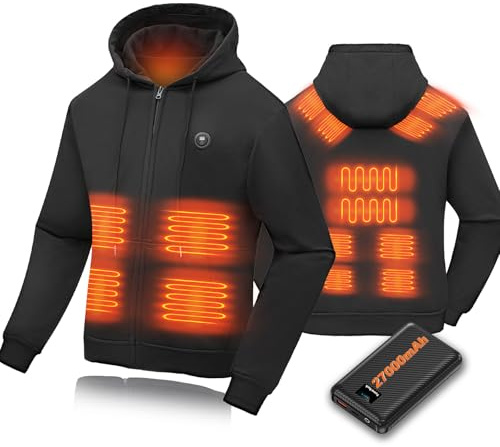 NEEMOSI Sweat Chauffant à Capuche avec 27000mAh Batterie Homme Femme, 14 Zones et 3 Températures Réglables Sweat a Capuche Zippé, Sweat a Capuche pour Vélo, pour la Randonnée, Le Ski(Noir,XL)